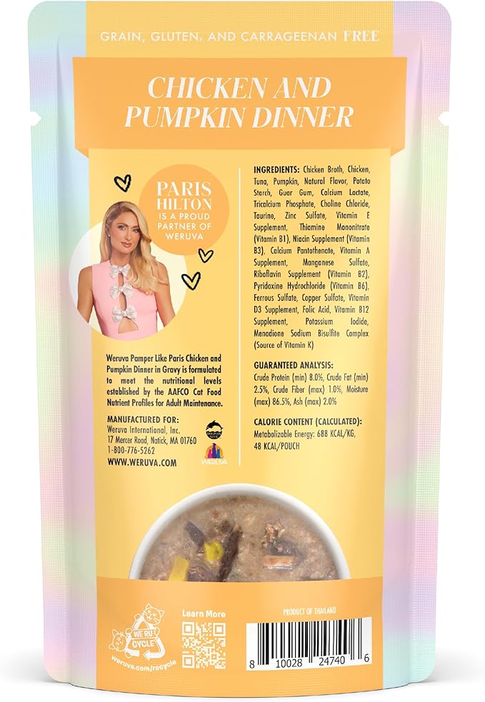 Weruva Paris Hilton Pamper Like Paris Wet Cat Food, Chicken and Pumpkin in Gravy, 2.47oz Pouch, Pack of 12