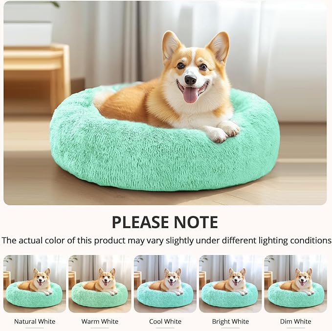 JOLLYVOGUE Calming Dog Bed Large Size Dog, Anti-Anxiety Donut Large Pet Bed, 36 inches Fluffy Faux Fur Round Cat Bed, Fits up to 75 lbs Pets (Mint Green)