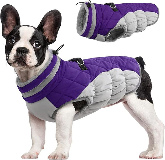 FUAMEY Dog Coat for Medium Dogs,Waterproof Dog Winter Jacket with Harness Built in Puppy Cold Weather Coats Reflective Pet Vest with Zipper Warm Fleece Dogs Snowsuit Windproof Purple M