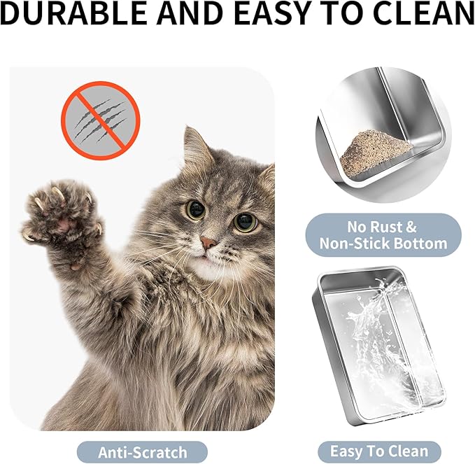 Prodigen Stainless Steel Cat Litter Box with Lid High Wall Sides Enclosure, Non-Sticky, Anti-Leakage, Easy Cleaning, with Cat Mat & Metal Scoop, 19.6" L x 14" W x 12" H, 2Pack