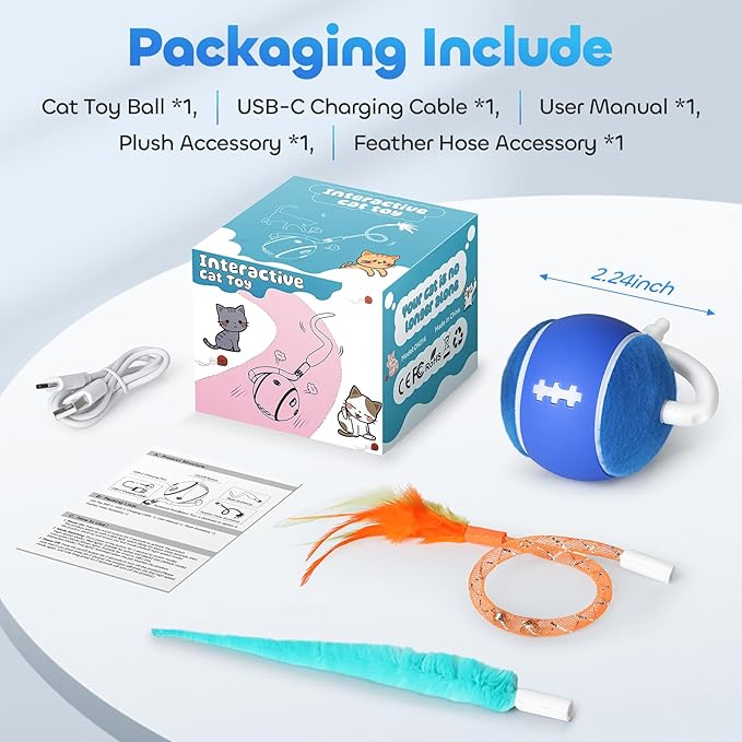 Automatic Interactive Cat Toy Ball for Indoor Cats, Carpet-Safe with Tangle-Free Tail, 3-Mode Touch Activated, Gen 3 High-Capacity 800mAh Battery (6-8H Play), Includes 2 Tails