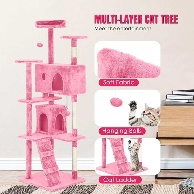PayLessHere Cat Tree 70in Tower with Scratching Post, Multi-Level Cat Condo Stand House, Kitty Activity Center with Furry Ball Toys, Pink