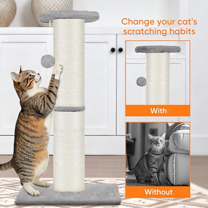 PAWSCRAT Cat Scratching Post 32" Tall, Large Diameter Natural Sisal Cat Scratch Post with Dangling Ball, Scratch-Resistant and Durable for Indoor Cats, Protect Your Furniture, LightGrey