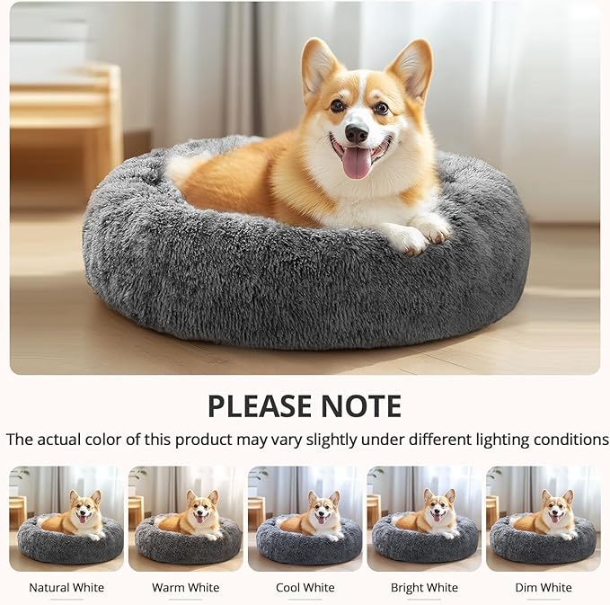 JOLLYVOGUE Calming Small Dog & Cat Bed for Indoor Cats - 20 inches Washable Donut Bed for Kittens & Puppies, Anti-Anxiety Round Fluffy Plush Pet Beds (Fits up to 15 lbs, Smoke Black)