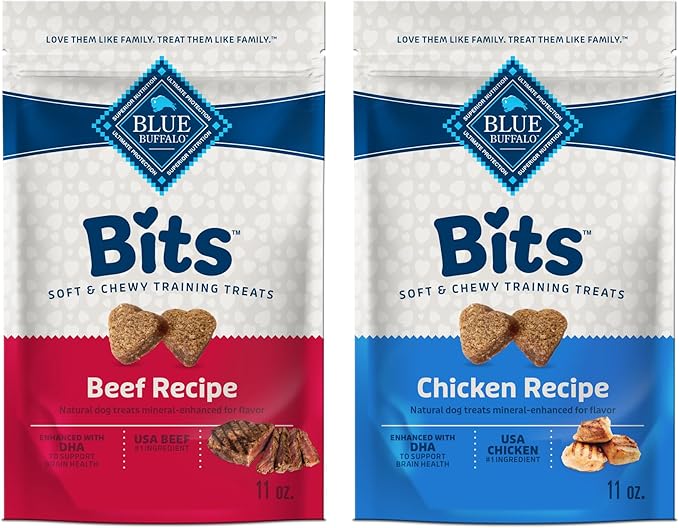 Blue Buffalo Bits Soft Dog Treats for Training, Made with Natural Ingredients & Enhanced with DHA, Chicken & Beef 19-oz Variety Pack, 2 ct