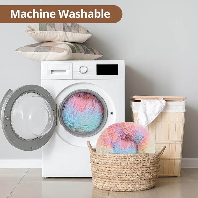 JOLLYVOGUE Calming Dog Bed for Small Dogs - 23 inches Donut Washable Small Dog Bed for Kittens & Puppies, Anti-Slip Round Fluffy Plush Faux Fur Cat Beds (Fits up to 25 lbs Pets, Rainbow)