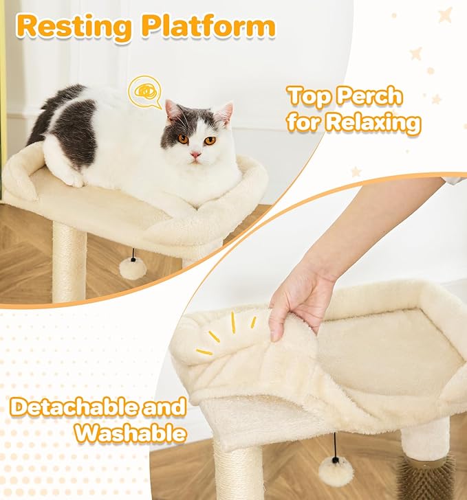 Made4Pets Small Cat Tree Tower, Cat Scratching Post 4-in-1 with Cat Self Groomer Brush, 20" Tall Natural Sisal Cat Scratcher, Soft Plush Cat Perch Bed with Dangling Ball for Indoor Kittens, Beige