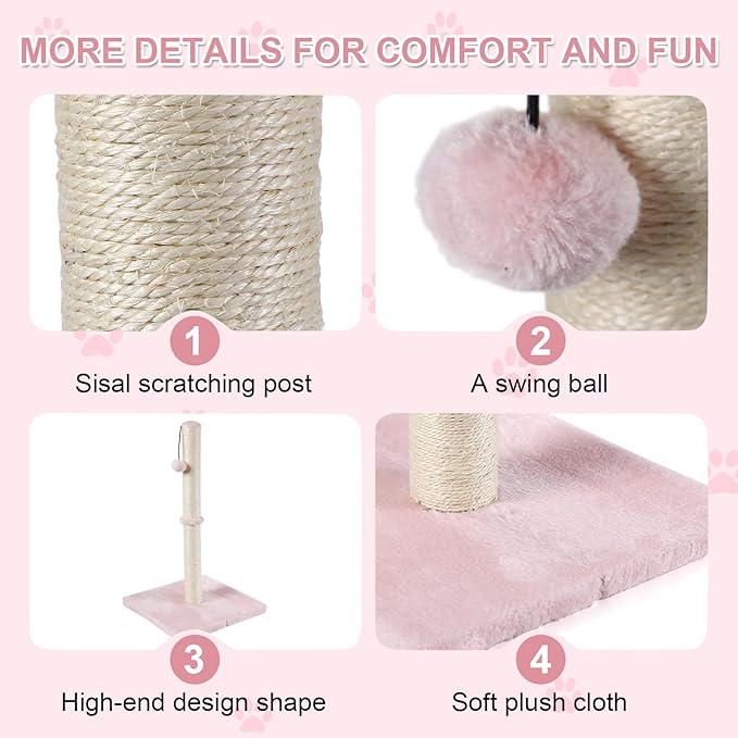 Dimaka Tall Cat Scratching Post, Claw Scratcher with Sisal Rope and Covered with Soft Smooth Plush, Vertical Scratch [Full Strectch] for Standard Size Cats (Pink, 34 inches for Large Cats)