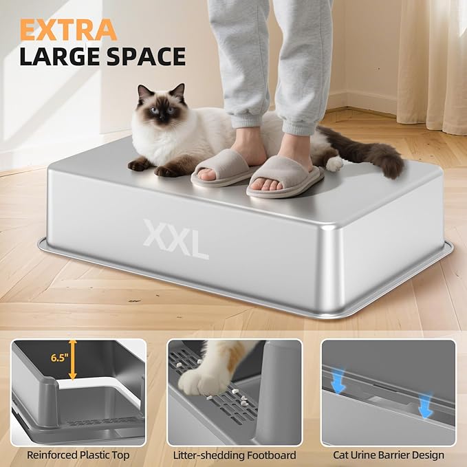 Enclosed Stainless Steel Cat Litter Box with Lid, XL Extra Large Litter Box for Big Cats, Metal Litter Pan High Sided, Never Absorbs Odors, Anti-Urine Leakage, Include Scoop (65-LightGray)