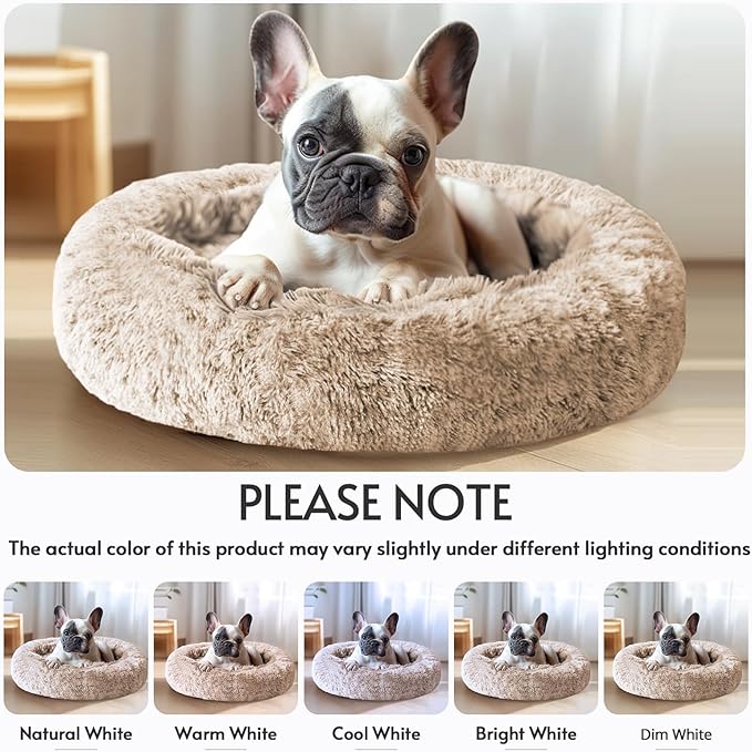 JOLLYVOGUE Calming Dog Bed Medium Size Dog, Anti-Anxiety Donut Medium Pet Bed, 27 inches Fluffy Faux Fur Round Cat Bed (Cream Brown)