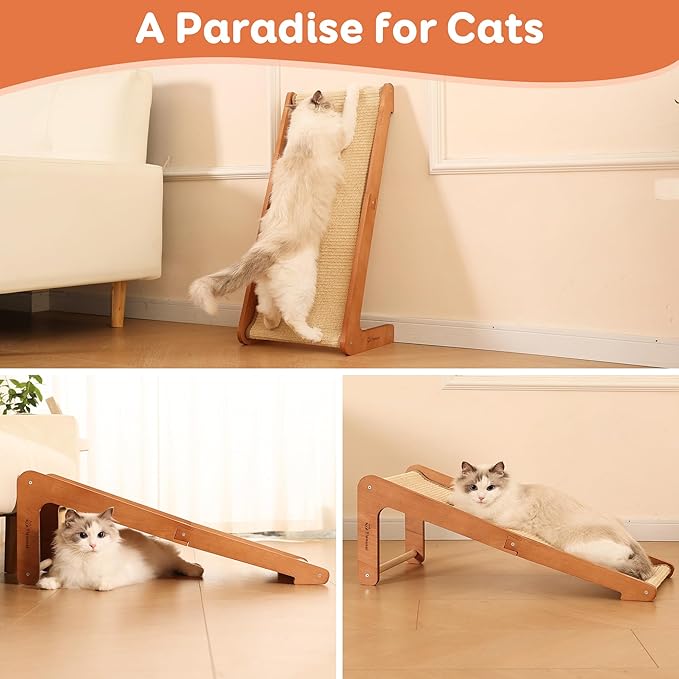 Sisal Cat Scratcher Ramp for Indoor Cats - Beechwood Base, 28.5" Natural Sisal Woven Cat Scratch Pad, Durable Cat Scratching Post, Furniture Protector for Cats' Clawing and Play