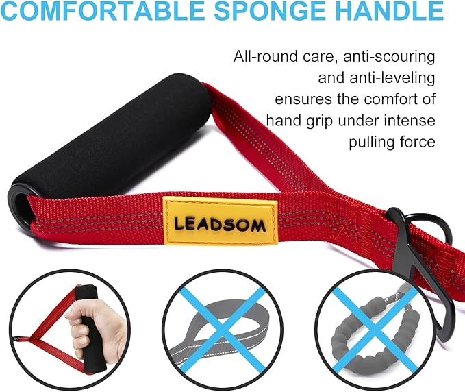 6FT Highly Reflective Heavy Duty Elastic Bungee Medium and Large Dog Leash Shock Absorbing with Comfortable Padded Handle and Traffic Handle Suitable for Training Red