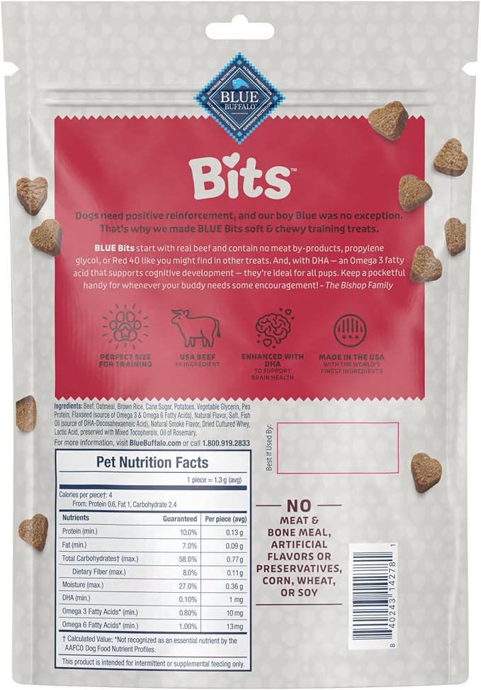 Blue Buffalo Bits Soft Dog Treats for Training, Made with Natural Ingredients & Enhanced with DHA, Beef Recipe, 19-oz Bag