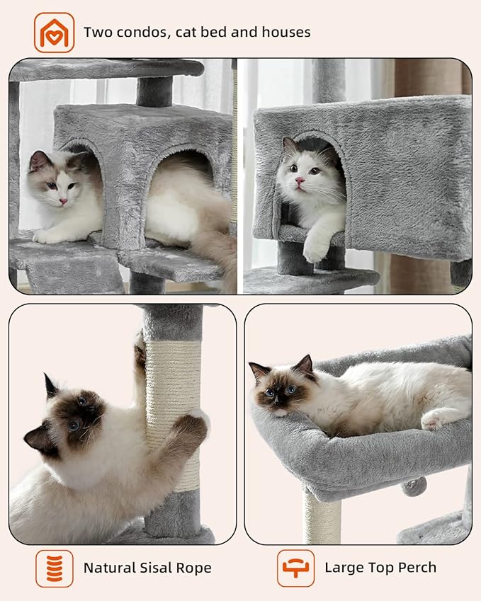 Cat Tree for Large Cats with Super Large Top Perch, 56.3" Cat Tower with Plush Hammock, Dangling Pompom, Cat Scratching Posts and 2 Condos House, Light Grey