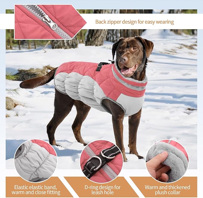 Dog Jackets for Large Dogs, Large Dog Winter Coat, Pet Cold Weather Coats, XXXL Pet Jacket with D-Ring, Waterproof Coat with Back Zipper,Snowsuit Labrador German Shepherd Doberman,Pink,XXXL