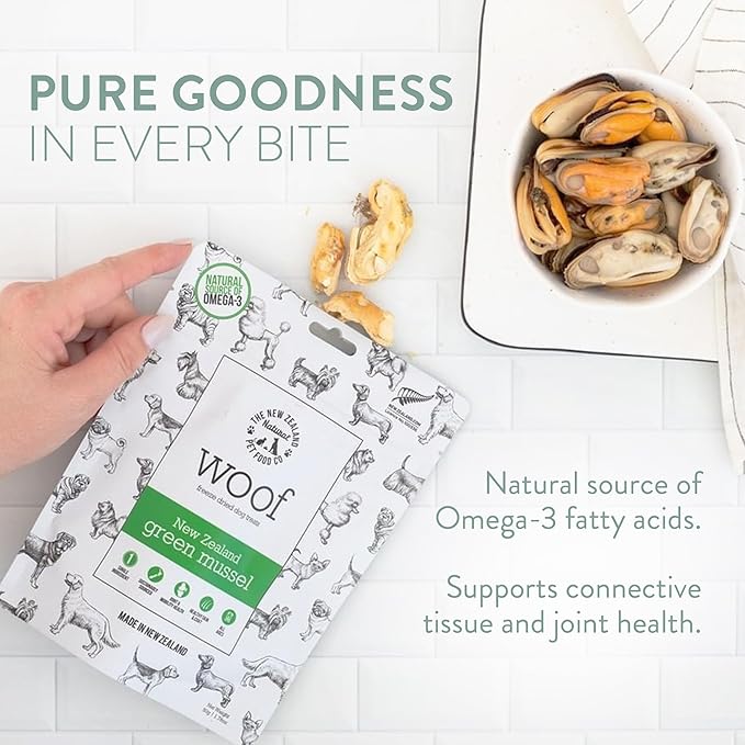 The New Zealand Natural Pet Food Co. WOOF Freeze Dried Dog Treats - High Protein, Small & Large Dog, Natural, Topper, Treat, Green Mussels - 1.76 oz