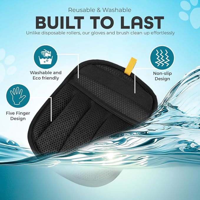 2 Pack Electrostatic Pet Hair Remover Glove with Cleaning Brush for Cats & Dogs, 2025 Upgraded Reusable 5-Finger Grooming Gloves – Magic Brush Tool for Furniture, Couch, Carpet, Car & Clothing (Black)