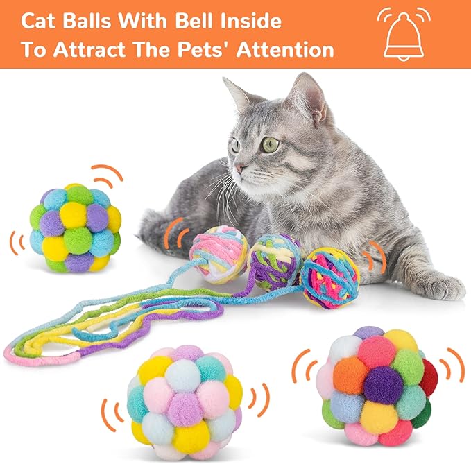 Retro Shaw Cat Toys Balls, 6Pcs Woolen Yarn Cat Ball Toy with Bell Inside, Interactive Kitten Toys for Indoor Cats Kitty, Chew Toys Jingle Pompom Ball with String