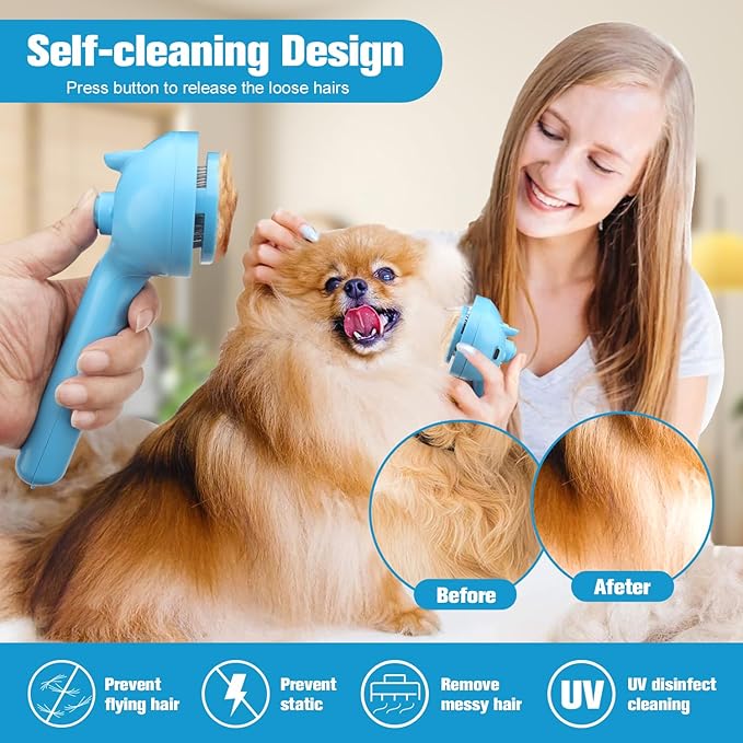 4-in-1 Pet Steam Brush for Dogs,Self-Cleaning Cat&Dog Brush for Shedding Long & Short Haired Dogs,Gentle Cat Steam Brushes for Indoor Cats with Spary Pet Hair Remover for Massage,Grooming Blue