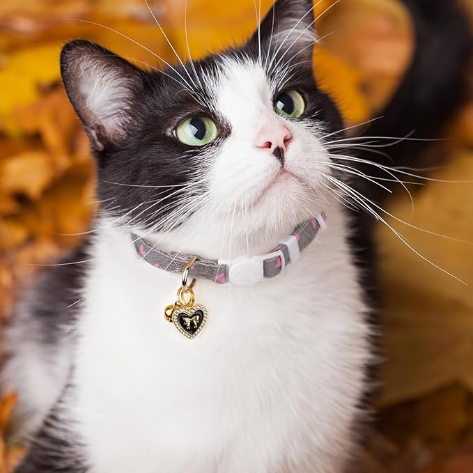 2 Pack Cotton Breakaway Cat Collar Pink and Gray Heart Shaped Pendant Cute Kitten Cat Collar with Bell