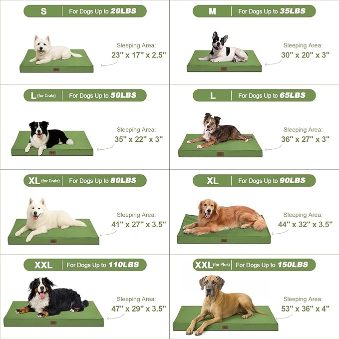 Outdoor Dog Bed for Medium Dogs, Waterproof Dog Crate Mat Orthopedic Egg Crate Foam Pet Bed with Washable Removable Oxford Cover, Light Green