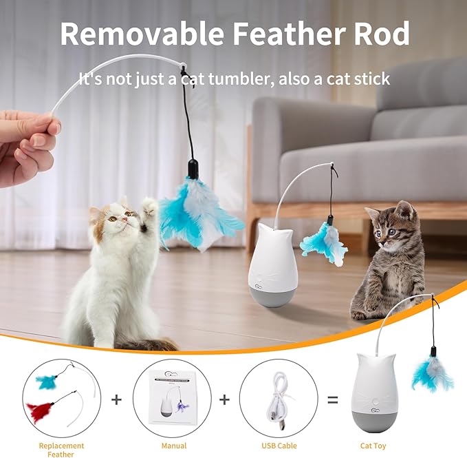 DOEL Interactive Cat Toys for Bored Indoor Adults Cats with 2 Models, Rechargeable Automatic Feather Kitten Toy, Tumbler Design, Electric Exercise Gift, Moving Stimulation to Chase and Hunting