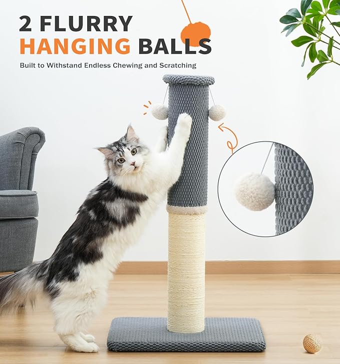 Made4Pets Tall Cat Scratching Post, Heavy Duty and Thicker Scratching Posts for Indoor Cats Adults, 33" Natural Sisal Cat Scratcher with Hanging Balls, Sturdy Base Cat Scratch Post, Light Grey