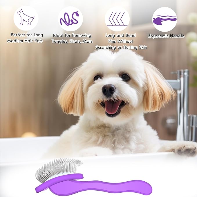 Large Dog Slicker Brush for Shedding & Curly Coat, Long Hair Dogs & Cats, Doodles, Poodles & Goldendoodles, Long Pin Grooming Brush with Wooden Handle, 3 Pcs Comb Set for Mats Tangles Purple