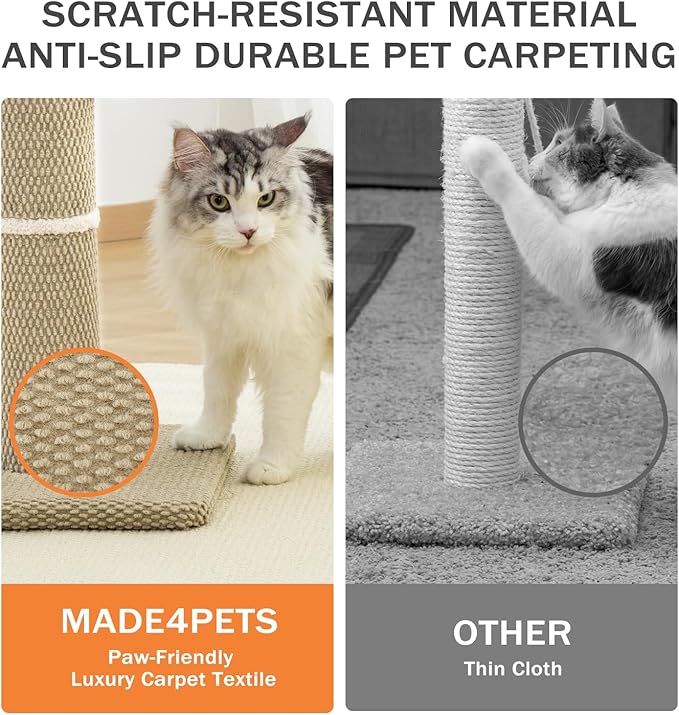 Made4Pets Tall Cat Scratching Post, 33" Modern Cat Scratcher with Hanging Balls, Heavy Duty and Thicker Scratching Post for Indoor Cats Adults, Sturdy Base Cat Scratch Post, Beige