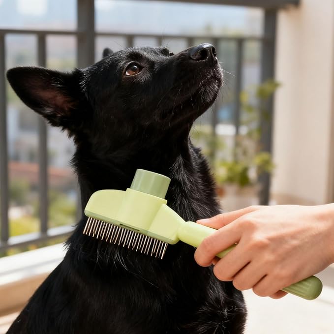 Dogs and Cats Comb with Release Button, Pet Hair Removal Tools with Safe Stainless Steel Teeth for Deshedding, Cat Grooming Supplies for Long/Short Hair, Cat Brush for Shedding, Green