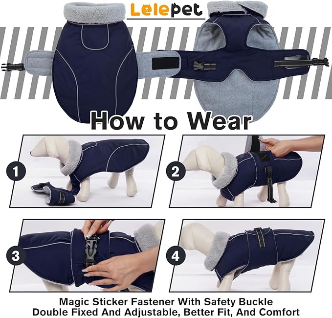 Lelepet Warm Dog Coat Waterproof Dog Jacket for Small Dogs Reflective Fleece Vest with Adjustable Buckle Hook & Loop Windproof Cold Weather Coats for Small Medium Large Dogs, Navy Blue, S