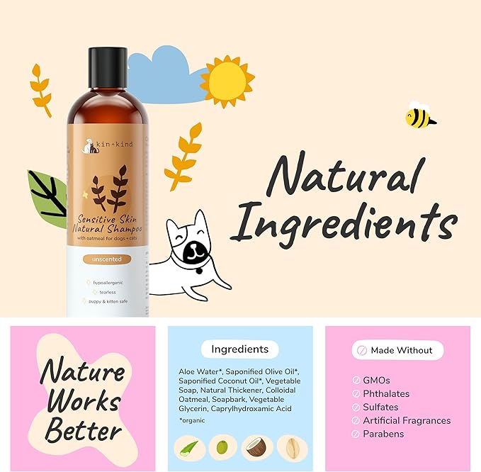 kin+kind Oatmeal Shampoo for Dogs & Cats – Natural Anti Itch Pet Shampoo for Sensitive Skin with Colloidal Oatmeal, Coconut Oil & Olive Oil – Moisturizing Oatmeal Bath for Dry, Itchy Skin – 12 fl oz