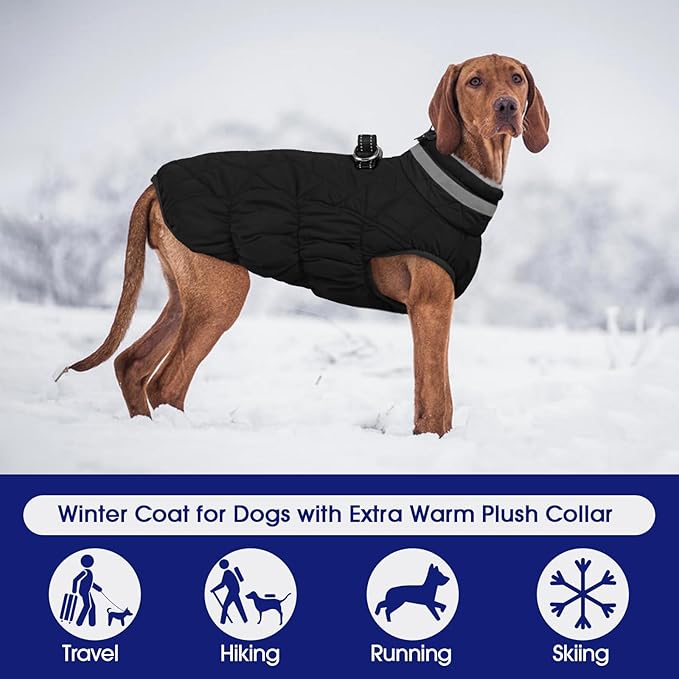 FUAMEY Dog Coat for Small Dogs,Waterproof Dog Winter Jacket with Harness Built in Puppy Cold Weather Coats Reflective Pet Vest with Zipper Warm Fleece Dogs Snowsuit Windproof Solid Black XS