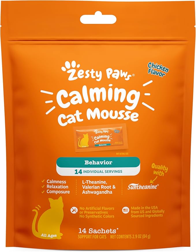 Zesty Paws Calming Mousse for Cats - Composure & Relaxation for Stress & Separation - Cat Calming Supplement with Ashwagandha, L-Theanine, Valerian Root & Vitamin B1-14 Count
