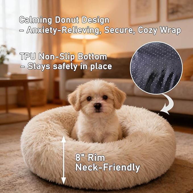 Calming Donut Dog Bed Medium Size Dog - Washable Removable Cover Non-Slip Bottom, Round Pet Bed Cat Bed Warming Fluffy Plush Faux Fur Anti-Anxiety, Fits up to 45 lbs (Beige, 30")