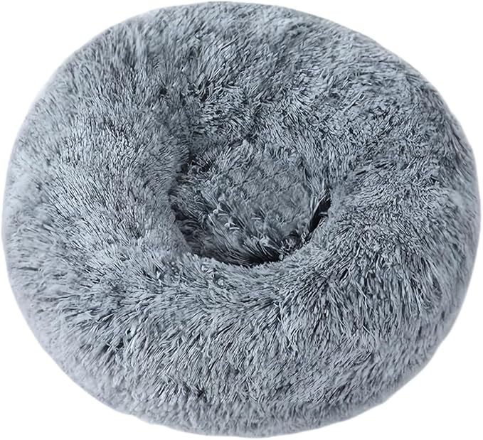 SALAN Calming Donut Pet Bed, 16 Inch Round Plush Cushion for Small Dogs and Cats, Washable Fluffy Indoor Pet Bed with Anxiety Relief Support. (Gray)