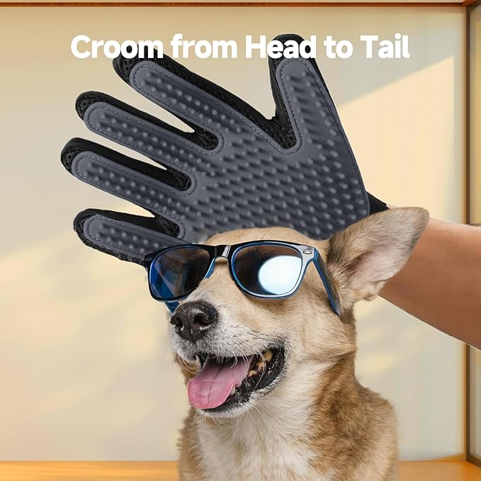 Pet Hair Removal Glove for Dogs & Cats, 2-Pack 2-in-1 Deshedding Brush & Massage Mitt - Grooming Gloves for Shedding Control, Bathing and Washing, Safe for Short/Long Hair Pets (Gray))