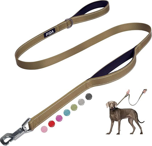 Fida 5 FT Heavy Duty Dog Leash with 2 Comfortable Padded Handles, Traffic Handle & Advanced Easy Snap Hook, Reflective Walking Lead for Large, Medium & Small Breed Dogs, Brown