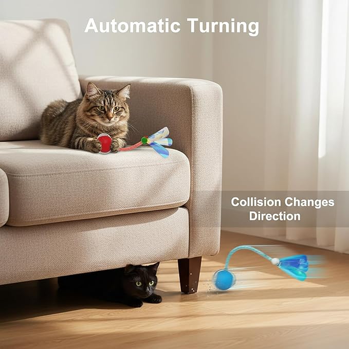 Interactive Cat Toys Ball for Cats - Upgrade Automatic Cat Toys for Indoor Cats, Chirping Cat Toy, 3 Modes 2 Speed Moving Cat Ball with Dragonfly Feathers 2PCS (Red Blue)