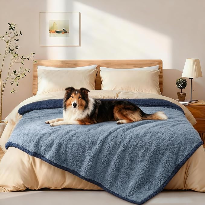 Luciphia Waterproof Pet Blanket for Medium Large Dogs Soft Cat Sherpa Calming Thick Cover Leakproof Cozy Puppy Sofa Bed Car Couch Protector(Blue/Navy,80x63 inches)