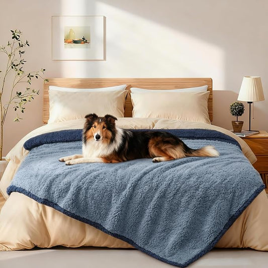 Luciphia Waterproof Pet Blanket for Medium Large Dogs Soft Cat Sherpa Calming Thick Cover Leakproof Cozy Puppy Sofa Bed Car Couch Protector(Blue/Navy,80x63 inches)