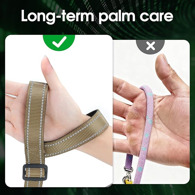 Hands-Free Dog Leash, Heavy Duty No-Pull Training Lead w/Anti-Tangle, Double Padded Traffic Handles Adjustable 4-4.6FT & Reflective Thread for Medium Large Dogs for Running/Walking Khaki