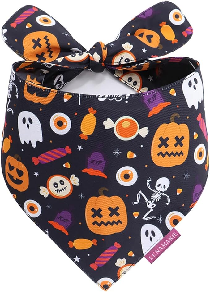 LunaMarie - Luxury Cat and Dog Bandanas - Halloween Designs | Premium Silky Poly Fabric | 100% Handmade Custom Shape Dual Layered Small, Medium, Large Cat Scarf (Trick-Or-Treat, Large)