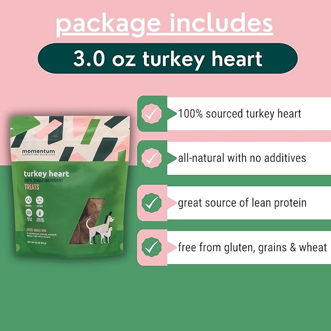 Momentum Carnivore Nutrition Freeze-Dried Turkey Heart Dog Treats & Cat Treats – Single-Ingredient, High-Protein, Grain-Free, Lean & Easily Digestible – Made in USA – 3 oz Bag
