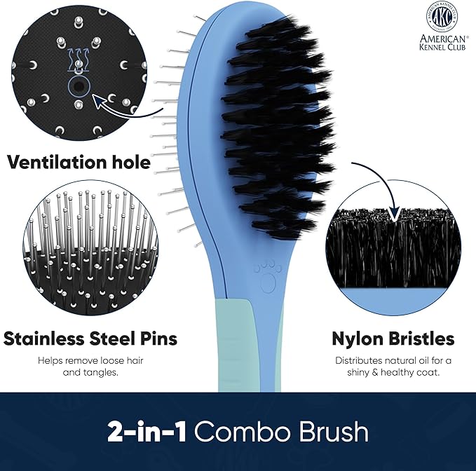 American Kennel Club AKC Pet Grooming Brush for Dogs and Cats - 2-in-1 Deshedding and Detangling Brush with Dense Nylon Bristles, Removes Loose Hair for Short and Long Coat Dogs and All Breeds