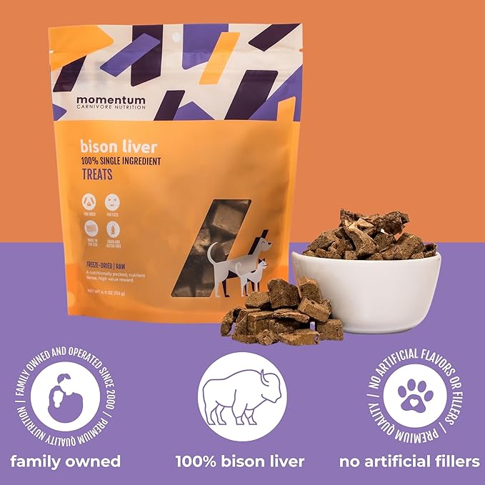 Momentum Carnivore Nutrition Freeze-Dried Bison Liver Dog Treats & Cat Treats – Single-Ingredient, High-Protein, Grain-Free, Lean Novel Protein – Made in USA – 4 oz Bag