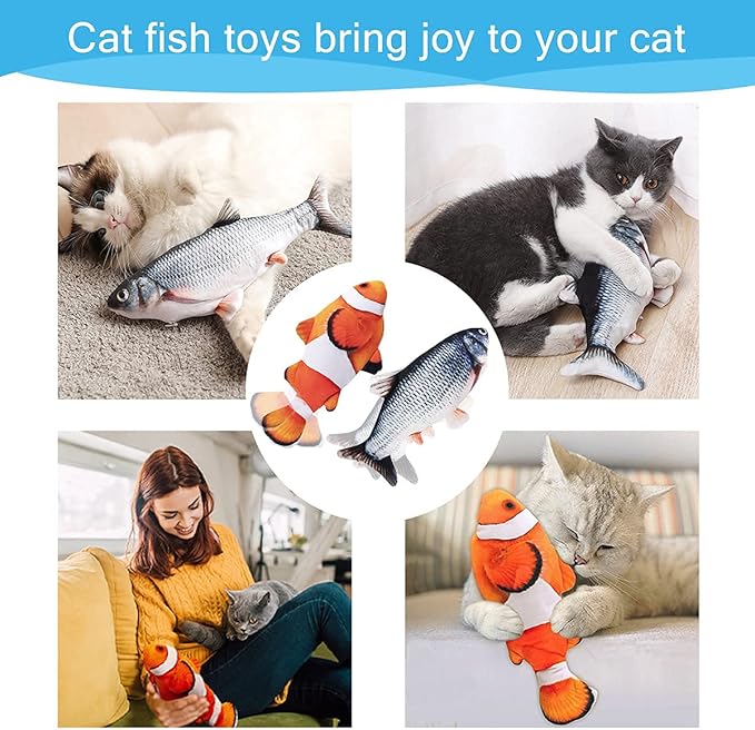 Interactive Cat Toys Flopping Fish with Catnip, Moving Cat Toys for Indoor Cats 2Pack, 11" Electric Automatic Kitten Kicker Exercise Toy, Wiggle SilverVine Floppy Fish for Small Dogs, Kitten