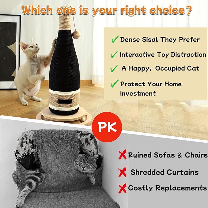Wine Bottle Cat Scratching Post - 24.8 Inch Vertical Scratcher with Interactive Ball Track, Premium Sisal & Sturdy Base for Indoor Cats, Modern Home Décor