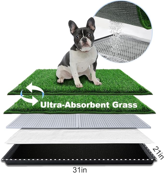 Dog Grass Pad with Tray Medium 31”×21”, Dog Litter Box with Odor Free Artificial Grass Pee Pads for Dogs Potty Tray with Hemmed Edge, Realistic for Indoor Balcony