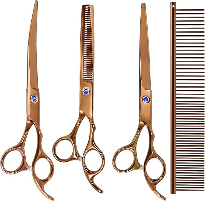 Dog Grooming Scissors, Maxshop Premium Stainless Steel Pet Grooming Trimmer Kit, Professional Thinning Shears, Curved Scissors with Comb for Dogs and Cats (Gold Set of 4)